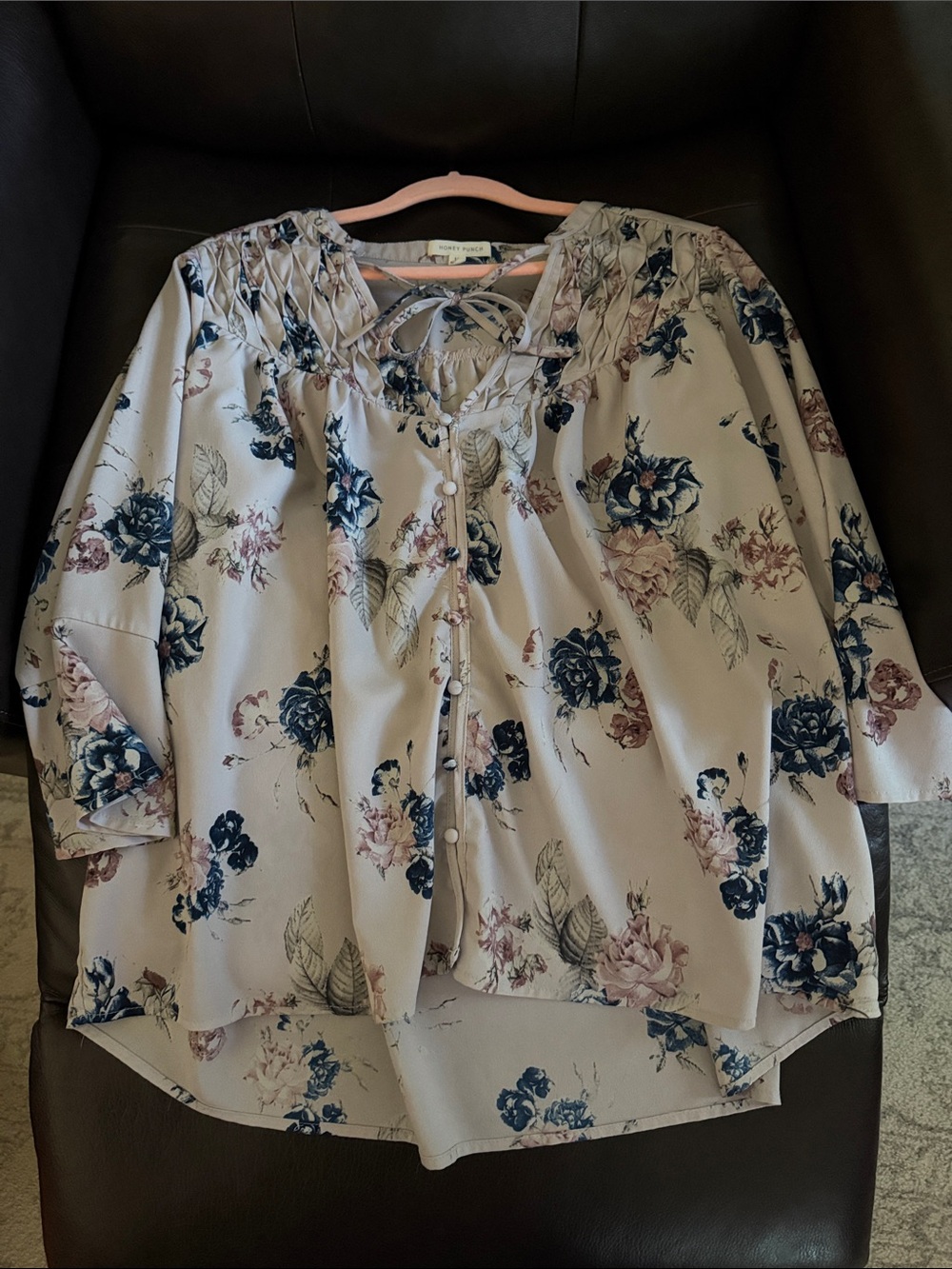 Honey Punch Rose Gold Blouse with Navy & Blush Floral Print